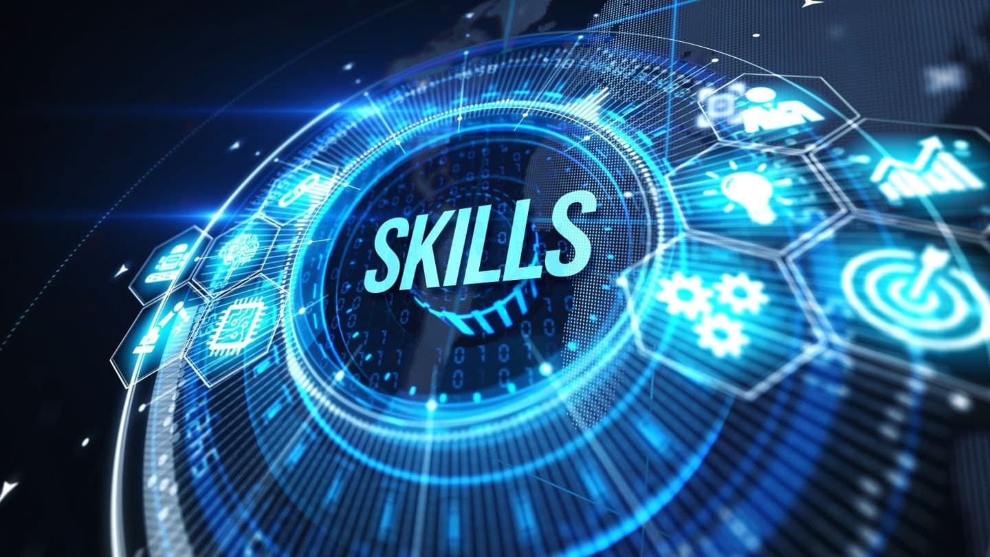 The word SKILLS surrounded by glowing technology icons