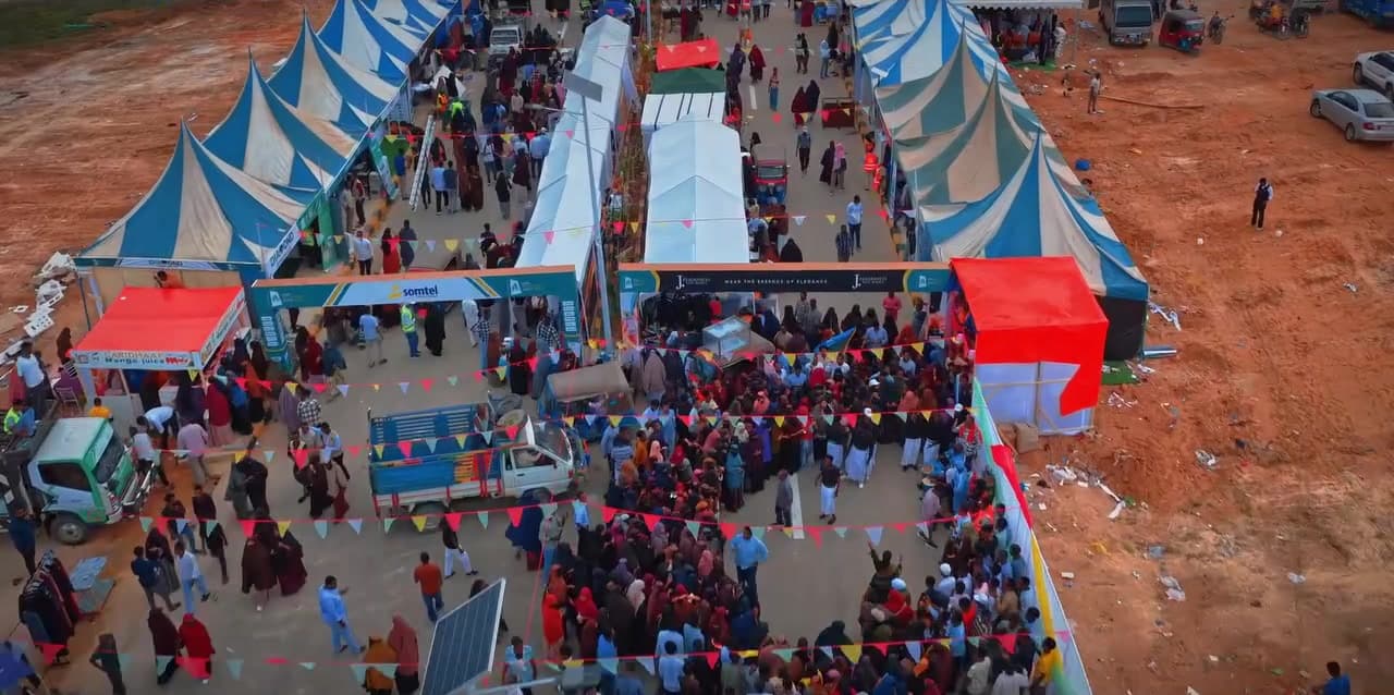 Aerial view of crowds between the tents at the Banadir Business Expo